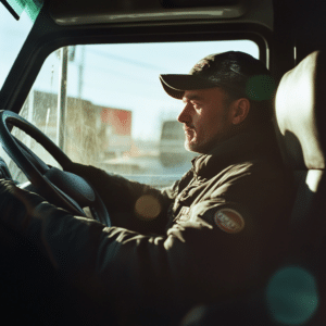 an amazon delivery truck driver in the cabin