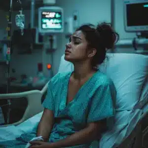 A sad woman in a hospital