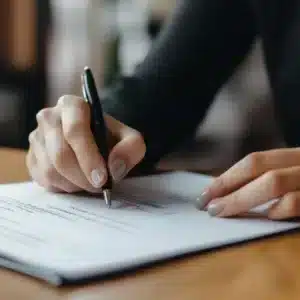 A woman filling an insurance paper.