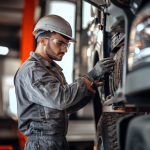 A mechanic servicing a commercial vehicle