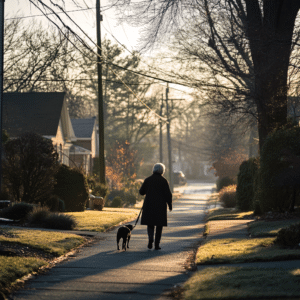 an elderly woman walking her lab on the sidewalk in CT