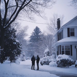 Two people talking in winter